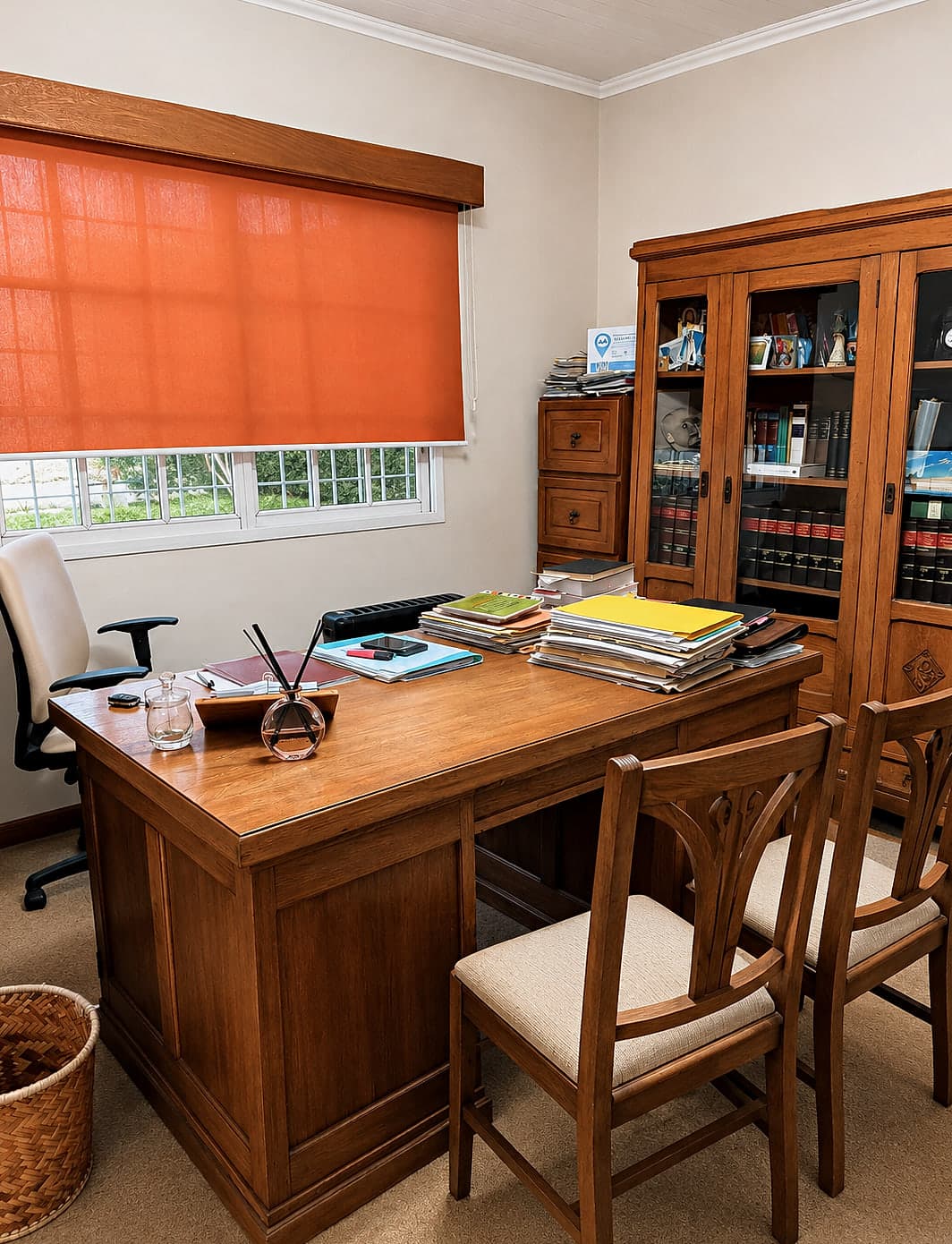 Despacho del estudio con la biblioteca de doctrina y el escritorio de trabajo